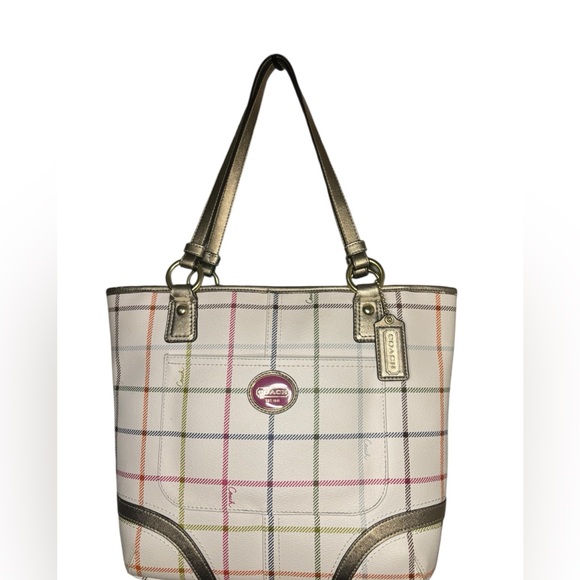 Coach Handbags - Coach Plaid Peyton Tattersall Zip Tote F20083 Multicolor Spring Bag Gold Trim